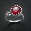 Cluster Rings Cute Red Natural Stone Double Round Silver Color Open For Girls Women Retro Style Lady Bague Femme