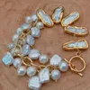 Bracelets porte-bonheur 8 '', carré rond naturel percé, perles d'eau douce Biwa, pavé de couleur or, chaîne plaquée, 230214