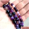 Crystal 8mm 6/8/10/12mm 천연 석재 구슬 Agat Purple Carnelian Stripe Onyx 구슬 보석을위한 느슨한 둥근 보석 제조 DEL DHGARDEN DHB1I