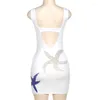 Casual Dresses 3D Starfish Diamonds Tryckt Spaghetti Straps Mini Dress Women Sexig stropplös rygglös Bodycon Club Party Robe Fashion