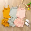 Set Hot New Summer Casual Neonate Abbigliamento Set Tinta unita Cotone a coste Senza maniche PagliaccettiPantaloncini con volant PCS Tuta da bambino