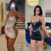 Sıradan elbiseler şeffaf örgü patchwork elmas mini parti elbise kadınlar seksi v kesilmiş göğüs ambalaj arkası bodycon korse clubwear