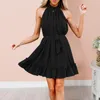 Casual Dresses Summer For Women Plus Size Sleeveless Halter Neck Short Sundress Button Down Flowy Belt A Line Ruffle Mini Dress