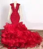 2023 Sexy Royal Blue Red Prom Dresses Organza Skirt V Neck Ruffles Tiered Lace Appliques Crystal Beads Mermaid Evening Gowns Party Gowns Sweep Train