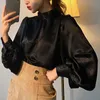 Women's Blouses Shirts Satin Blouse Long Lantern Sleeve Office Chic Ladies Shirt White Korean Fashion Clothing Black Spring Blouses Women Top Chemise 230214