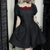 Casual Dresses Gothic Black Lace Trim Women Dress Dark Three-dimensional Rose Sexy High Waist Femme Off Shoulder 2023