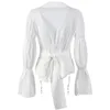 Kvinnors blusar 2023 Autumn White Blue Women Blousas Sexig V-ringad casual skjortor långärmad snörning Design Elegant koreansk dam