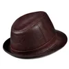 Wide Brim Hats Bucket Man High Quality Genuine Leather Jazz Fedora Gentleman Cow Skin Short BlackBrown Top Hat Male Shows Topper 230214