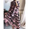 Casual jurken Vanovich geplooide mode afdrukken Midcalf Spring European en American Style Loose slanke oversized lange mouw 230214