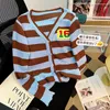 Kvinnors stickor Tees Casual Striped Sticked Cardigan tröja Kvinnor 2023 Autumn Contrast Color Fashion Chic Ladies Tops Långärm V-Neck JU