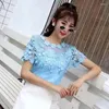 Women's Blouses Spring 2023 Summer Sexy Floral Women's Blouse Short Sleeve Crocheted Hollow-out Fashion White Lace Top Bottom Shirt