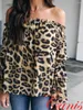 Blouses femininas com estampa de leopardo sexy manga longa do ombro da camisa solta top top slash roupos de roupas de pescoço