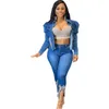 Womens Two Piece Pants Casual Jeans Suit Women Denim Pieces Set Blue Long Sleeve Top Slim Tracksuit Outfits Spring Autumn Ol 230214