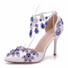 Mariage chaussures à talons hauts bleu Royal strass boucle sangles bout pointu femmes pompes 3 pouces à la main fille cadeau d'anniversaire