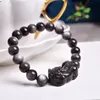 Strand Grey Natural Obsidian Stone Bracelets redondo contas com pulseira de charme Pixiu para homens Mulheres jóias DIY fios de miçangas