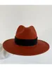 Stingy Brim Hats Korean Custom Brick Red Jazz Hat For Women Winter Wool Fedora Casual Keep Warm Black Ribbon Fascinator