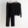 Women's Two Piece Pants Cashmere Knit Suit Women's Elastic Waist Straight Loose Long Or Round Neck Long-sleeved Simple Sweater For