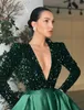 Vestido De fiesta De noche verde oscuro De manga larga con cuello en V De satén De lentejuelas para mujer vestido Formal De graduación A-line Robe De Soiree 2023 Vestidos De fiesta