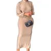 Casual Dresses 2023 Kvinnors eleganta flare Sleeve Halvhög nacke Solid Slim Dress