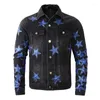 남성용 재킷 남성용 가죽 별 패치 데님 재킷 스트리트웨어 블루 패치 워크 블랙 코튼 코트 슬림 한 찢어짐 찢어진 겉옷