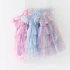 Flickans klänningar Girls Tulle Super Fairy Princess Fly Sleeve Rainbow Star Sequined Cake Dress Children Mesh Puffy Birthday Party Vestidos 230214
