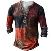 Mens TShirts Vintage With Button Ethnic Pattern Print Spring Autumn Loose ONeck Long Sleeve Oversized T Shirts Male Clothing 230214