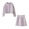 Two Piece Dress Vintage Sweet Women Pearl Button Black Check Gingham Plaid Blazer High Waist Mini Short Skirts Long Sleeve Suits 2 Pieces Set 230214