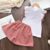 LZH夏のPCS衣装キッズ服ガールズスーツかわいい格子縞のtシャツショートセット