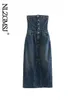 Abiti casual Nlzgmsj Front Slitt Avvolginata Donne Denim Elegante Slimt Fit Female Pulsanti senza spalline Sexy Party Bodycon Midi 230214