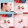 Stud Earrings Wholesale Promotion Plated Korean Red Cherry Crystal Rhinestone Leaf Drop Pretty Statement Delivery Jewelry Dhw5M