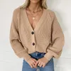 Malhas femininas tees botão casual malha v suéter de cor sólida top 2023 moda outono de mangas longas cardigan solto