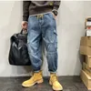 Mäns jeans streetwear män mönster blå mopp byxor mode hip hop flera fickor breda benövergripande temperament mångsidig höst