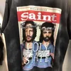 Designer moda Saint Michael Treça Co-Branded Lavado Retrato Impressão de Mangas Casual Casual Men e Mulher Camiseta Popular Feminina