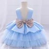 Mädchen Kleider Grün Rosa Wein Blau Geschichteten Kleid Für Baby Kleine Kinder Große Schleife Hohl Zurück Party Prinzessin Geburtstag Outfit 12M-5T