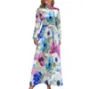 Casual klänningar Färgglada blommuttryck klänning fågel och fjäril Kawaii Maxi Basic Boho Beach Long High Neck Vestido