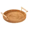 Plates 1-3PCs Handmade Rattan Pallet Basket Round Tray Double Handle Bammboo Vintage Woven Fruit Cake Display Home Decor Crafts