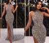 Luxury Sequined Pageant Prom Dress Halter High Split Grey Mermaid Evening Formell kl￤nningar Arabiska aso ebi 2023 Robe de Soiree