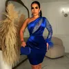 Casual Dresses Christmas Feathers Diamonds Velvet Mini Party Dress Sheer Mesh Patchwork Women Sexig One Shoulder Long Sleeve BodyCon Clubwear