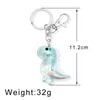 Nyckelringar Grön dinosaurie Keychain Akryl 3D Animal Car Key Ring Rostfritt stål Silverkedja Färgglad ryggsäck Hängande smycken