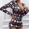 Women's Jumpsuits & Rompers 2023 Women Fashion Christmas Letter Print Romper Bodysuit Plunge Short Jumpsuit V Neck Long Sleeve