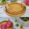 Płytki 1-3PCS Ręcznie robione rattanowe palet koszyk okrągły podwójny uchwyt Bammboo vintage tkaninowe ciasto owocowe