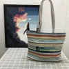 Same Straw Woven Beach Bag Large Capacity Contrast Color Shoulder Crossbody Personalized Striped Woven Totes 230213