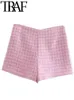 Women's Two Piece Pants TRAF Spring Women Casual Cropped Tweed Jacket Ornate Button Houndstooth Pink Blazer Skorts Shorts 2 Piece Set 230214