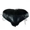 Underpants Bandage Men's Sexy Underwear Faux Leather Male U Convex Briefs Adjustable Drawstring PU Panties