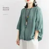 Women's Blouses Oversized Loose Casual Solid Button Cotton Linen Shirts Women Retro Drawstring Hem Summer Shirt Half Sleeve O Neck Blouse