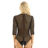 Os macac￵es femininos macac￵es veem atrav￩s da fishnet Bodycon Faux Leather Splice 34 Sleeve High Cut Front Front Bodysuit P￳lo dan￧a Sexy Clubwear 230214