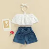 Sets Fashion Summer Toddlers Girls Outfits Suit Solid Lace Crochet Halter Neck TShirtWaist Belt Denim Shorts PCS Clothing Set