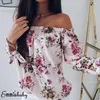 Blouses Femmes Femmes Floral Imprimé À Manches Longues Slash Cou Hors Épaule Chemise D'été Casual Tops Lady Lâche Mode Cordon