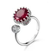 Cluster Rings Cute Red Natural Stone Double Round Silver Color Open For Girls Women Retro Style Lady Bague Femme