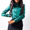 Blusas para mujer, camisa de primavera para mujer, estilo OL, Color sólido, holgada, de satén, de una sola botonadura, de manga larga, blusa vuelta hacia abajo, ropa